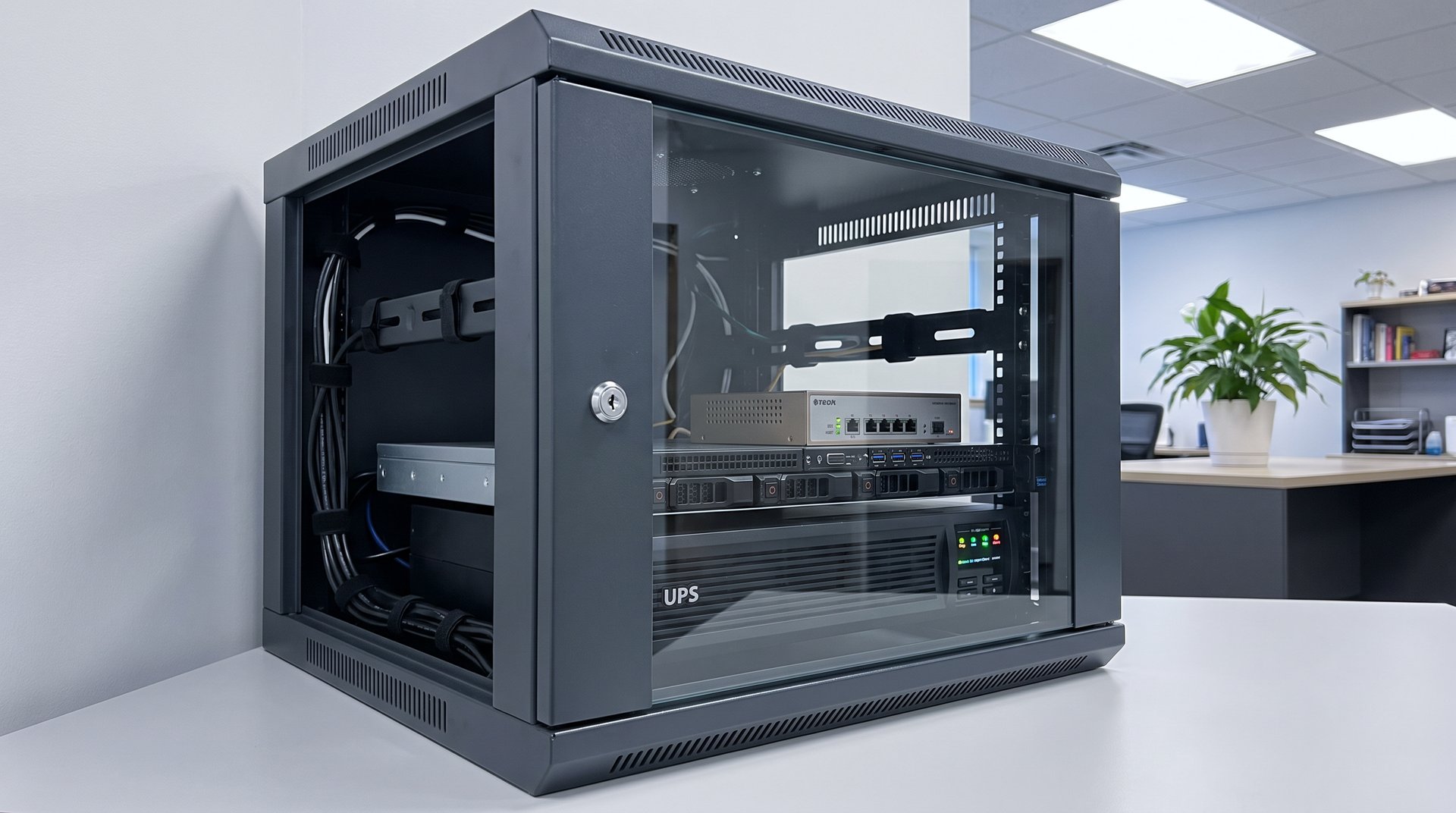 Locked half-height server rack in an office with a compute server, firewall, and UPS inside