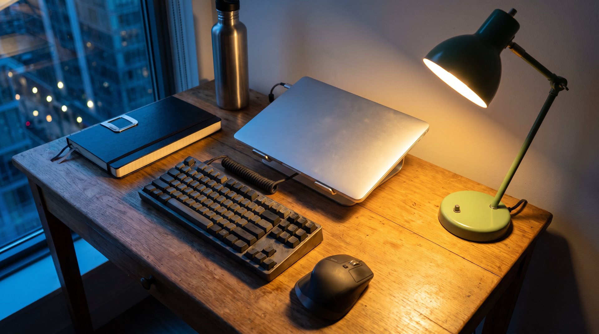 Data-scientist workbench at night with a closed laptop, external keyboard, and warm desk lamp