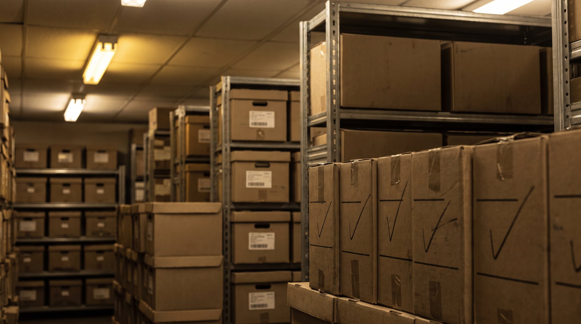 Archive room with rows of cardboard bankers boxes on metal shelving