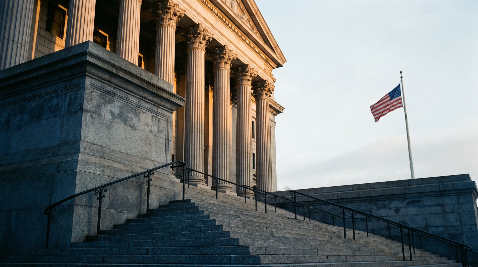 Neoclassical federal courthouse exterior with granite steps at dawn
