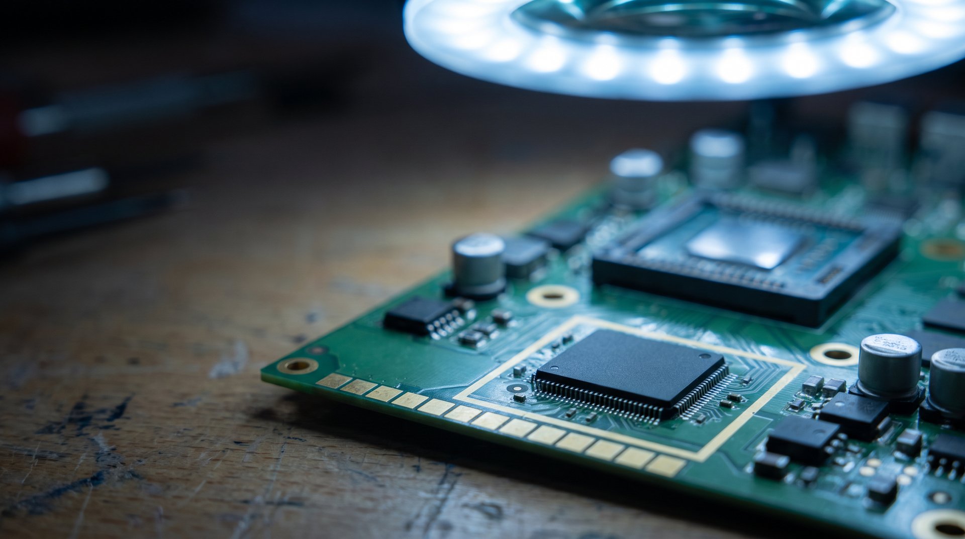 Macro close-up of a circuit board with an FPGA chip under ring-light illumination