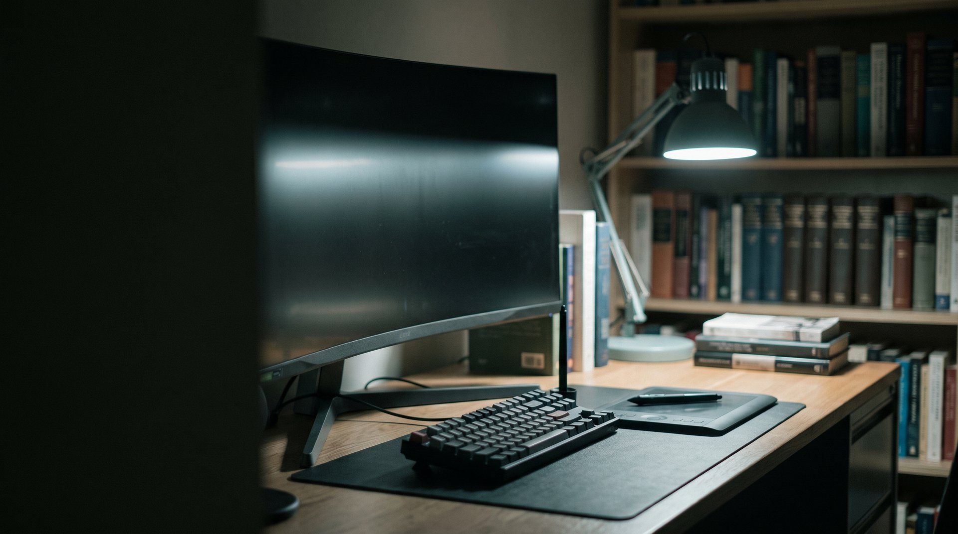 Research office at night with an ultrawide monitor and warm bookshelf light