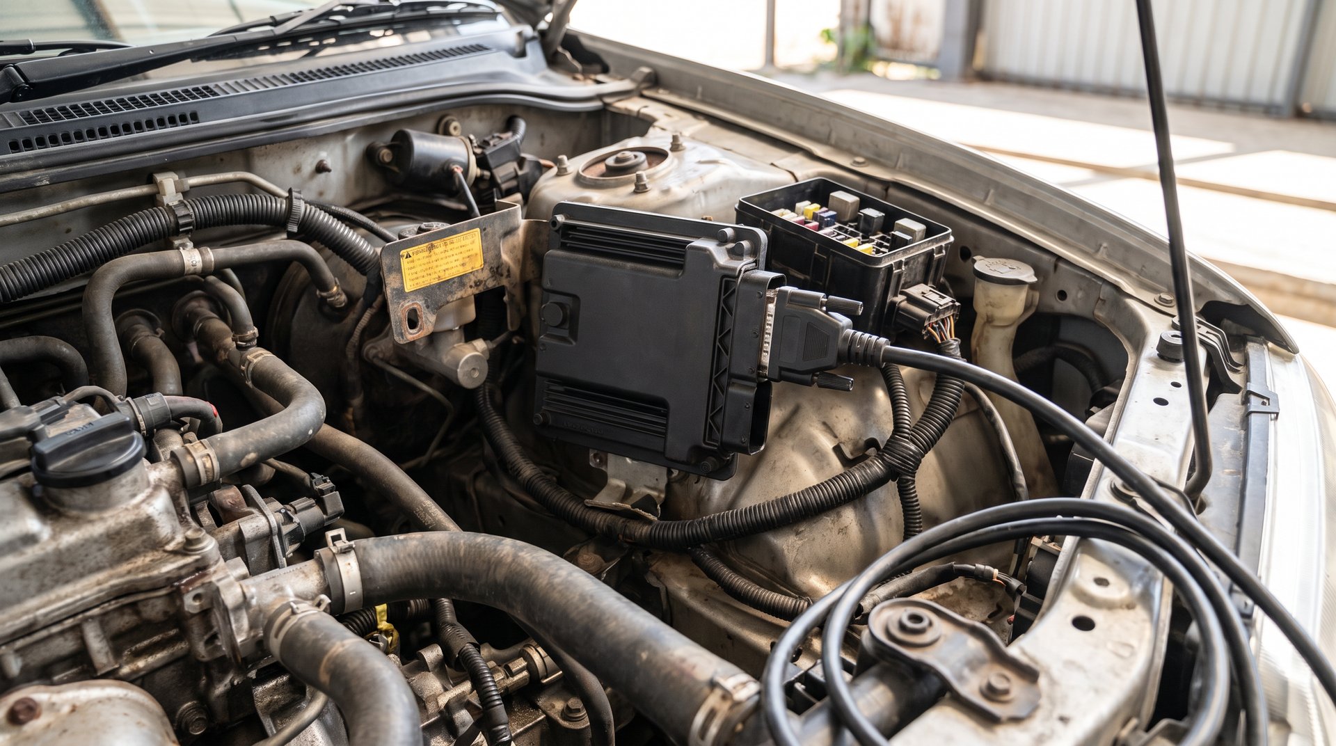 Bare automotive ECU module on an anti-static mat with test leads attached to solder pads