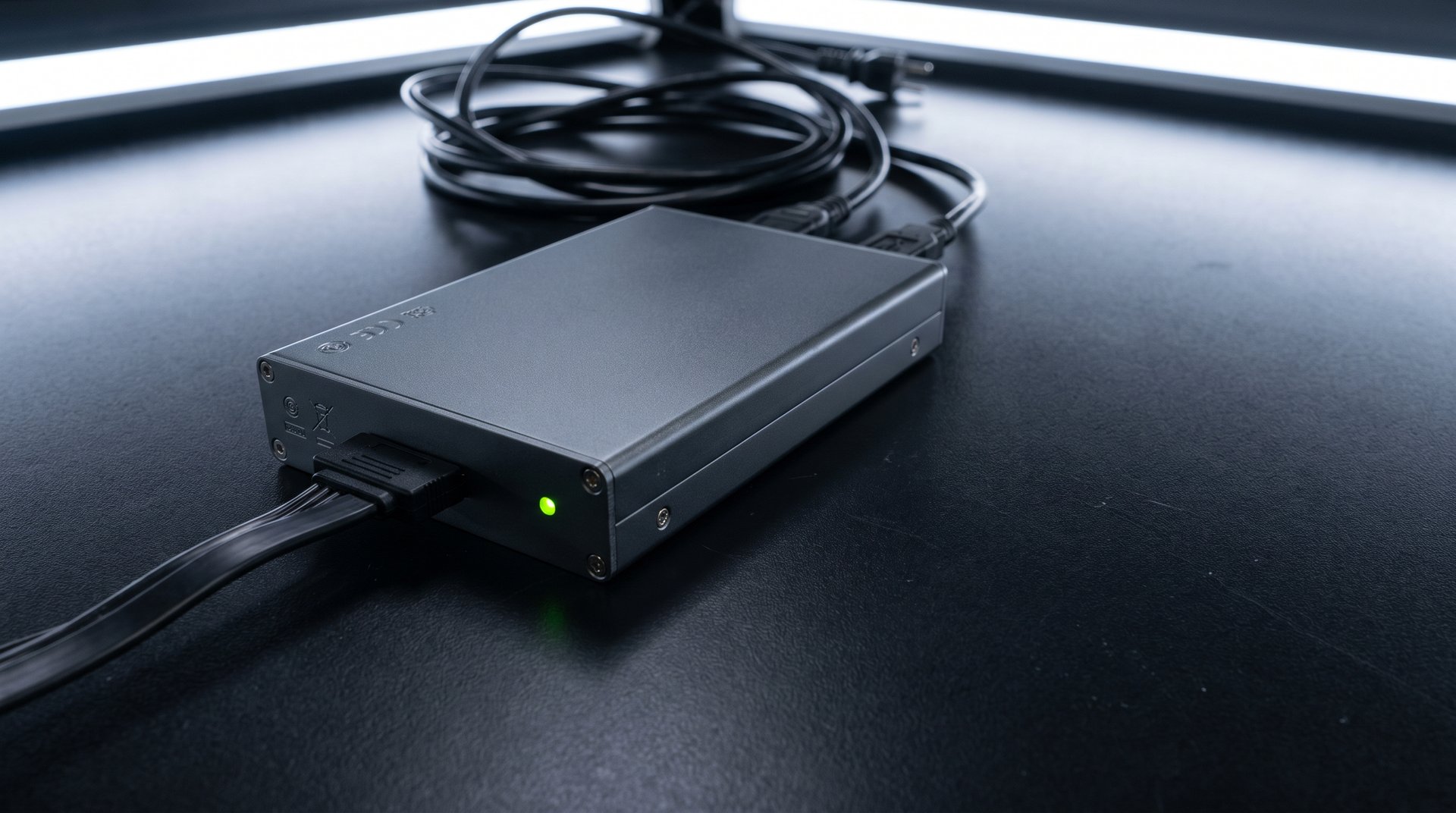 Hardware forensic write-blocker device with data cables on a lab bench