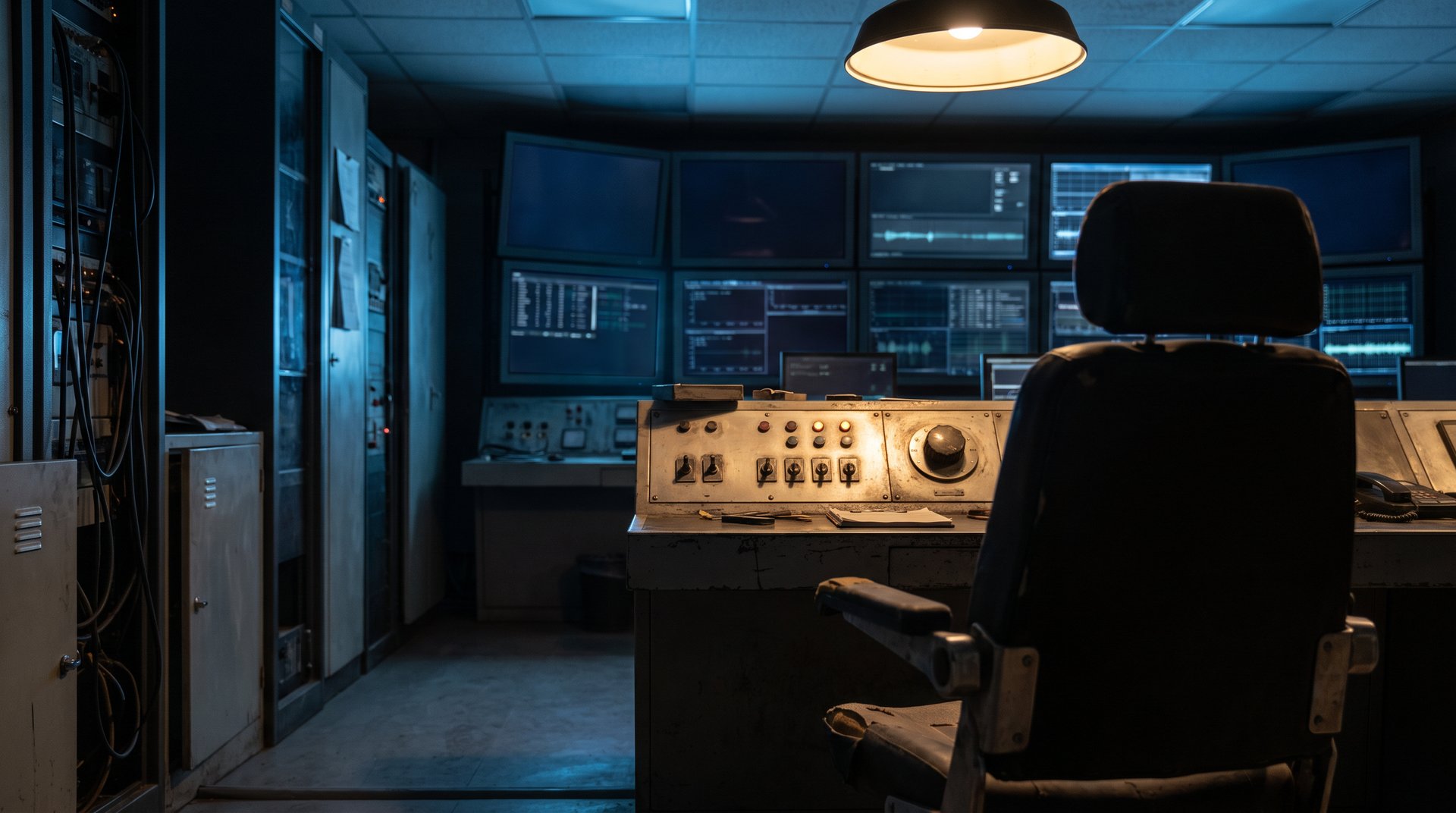 Industrial control room viewed from behind an empty operator chair with a wall of monitors