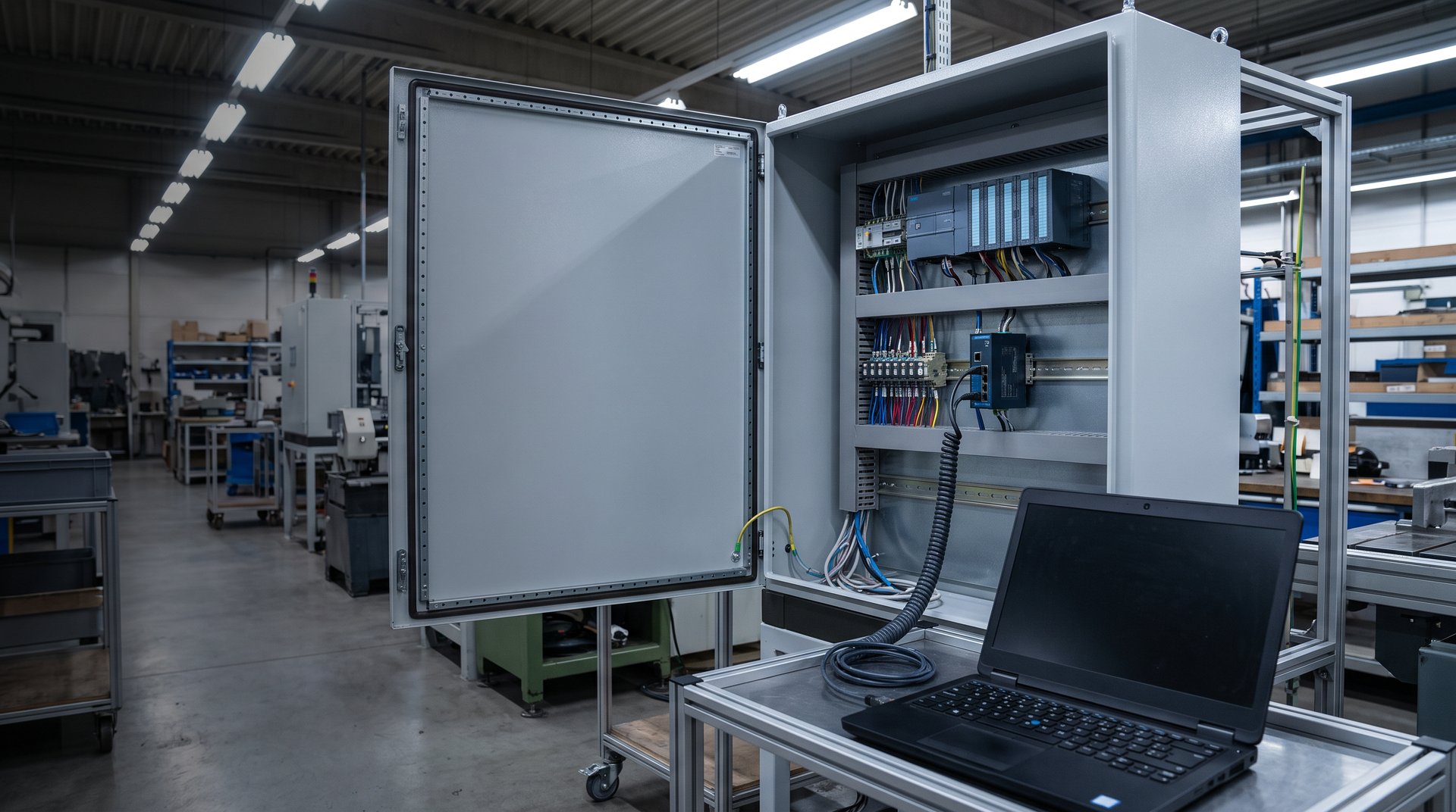 Open industrial control cabinet with a test laptop connected to a network switch inside