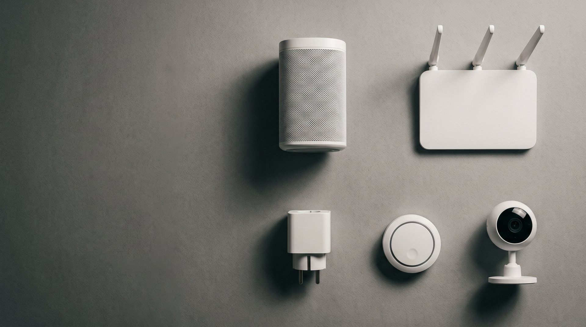 Overhead flat-lay grid of five unbranded smart home devices on a matte gray backdrop