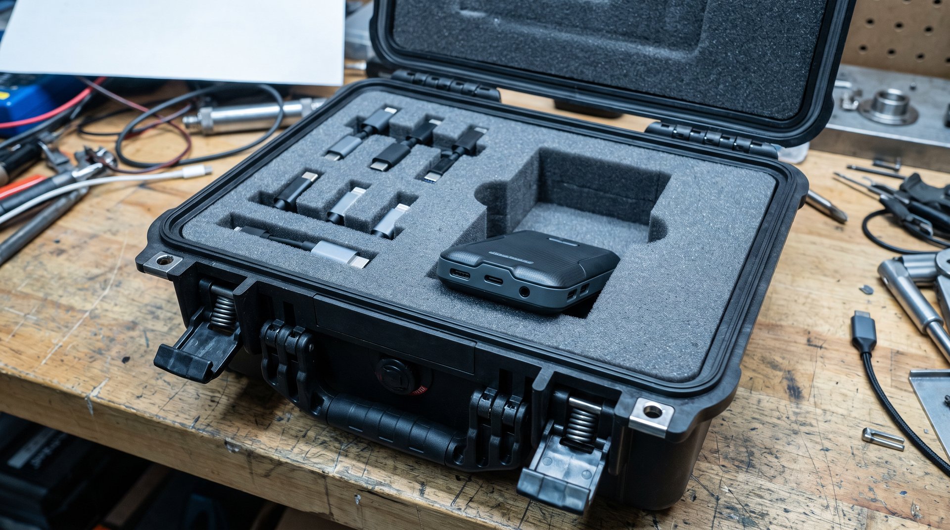 Smartphone in Faraday shielding bag connected to a handheld extraction device on a lab bench