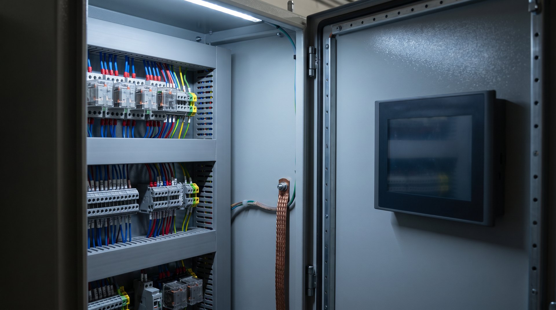 Utility substation cabinet interior with DIN-rail relays, terminal blocks, and an HMI panel