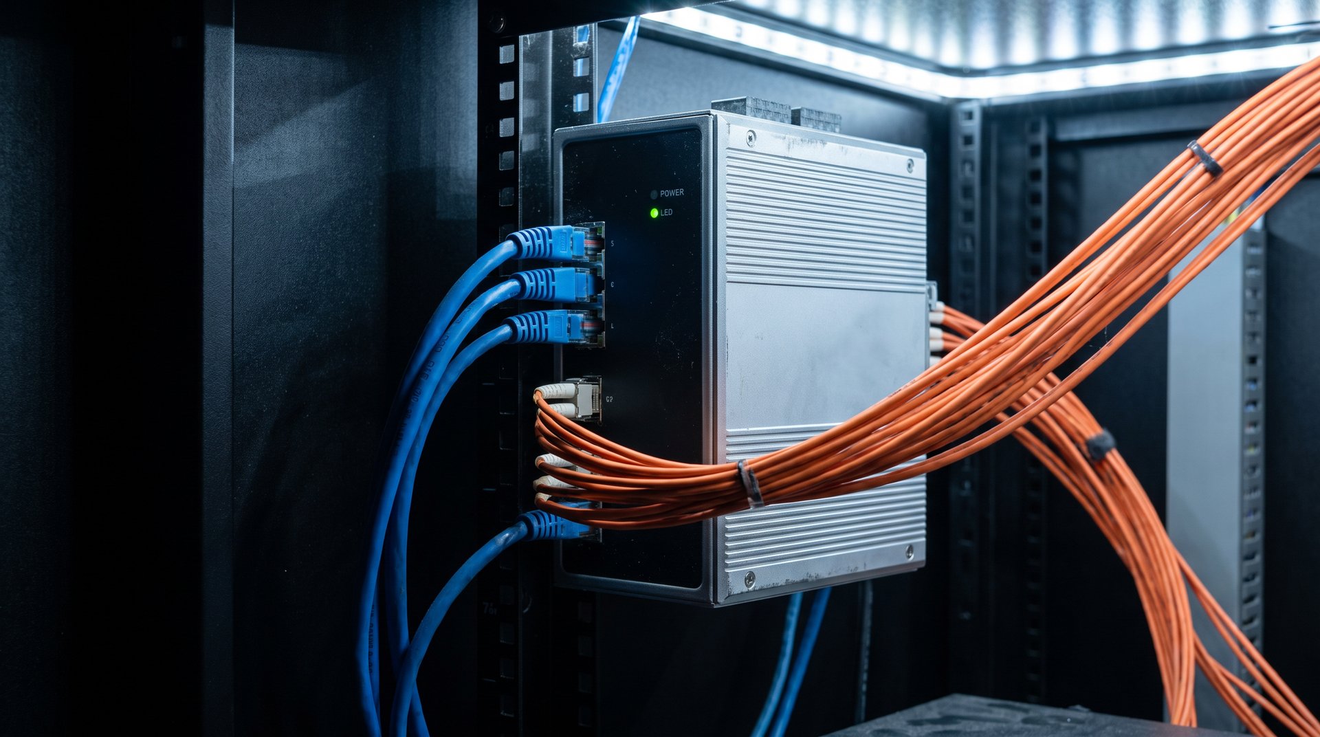 Rack-mounted industrial ethernet switch with orange fiber and blue Cat6 patch cables