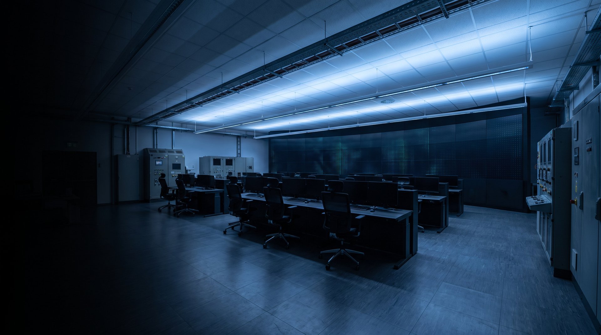 Modern control room with empty operator workstations facing a wall-mounted screen array