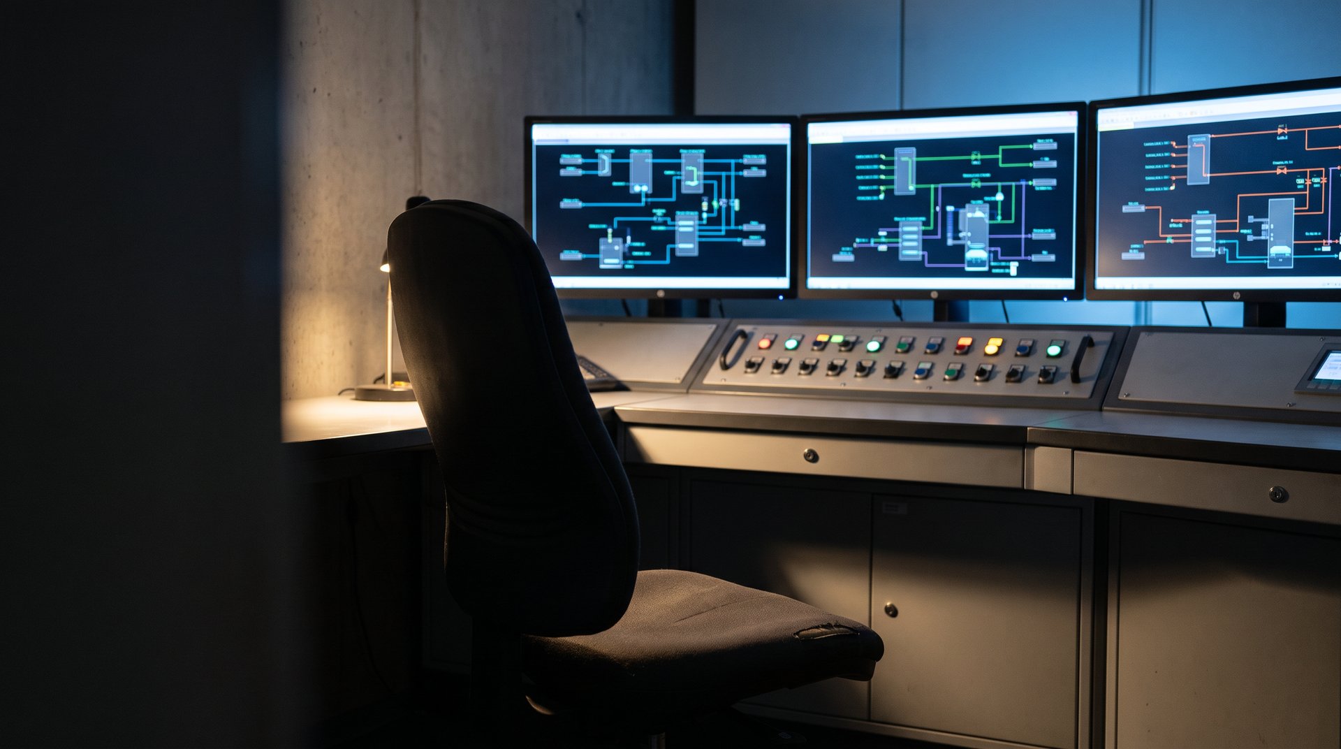 SCADA operator console with three monitors displaying dim process-diagram visualizations