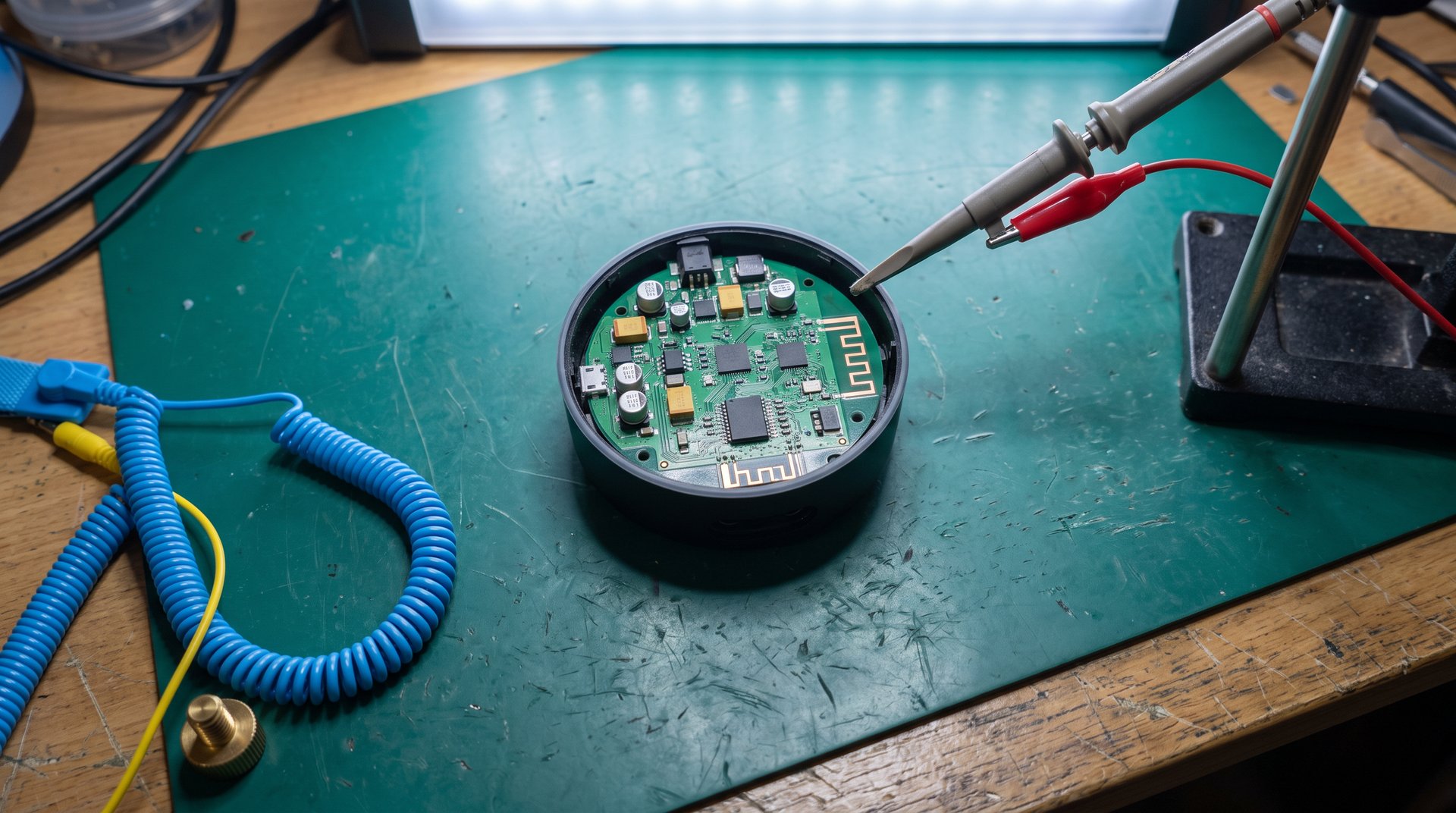 Smart speaker circuit board on an anti-static workbench mat with a probe positioned above it