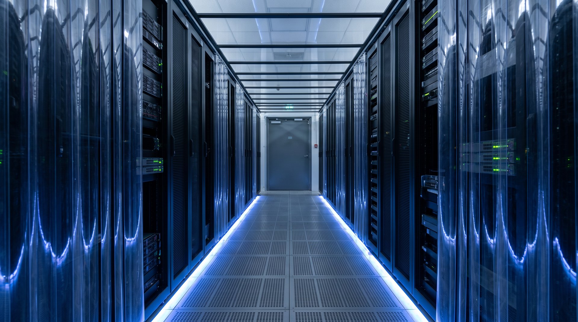 Symmetrical view down a datacenter aisle with cold-aisle containment and blue LED accent lighting