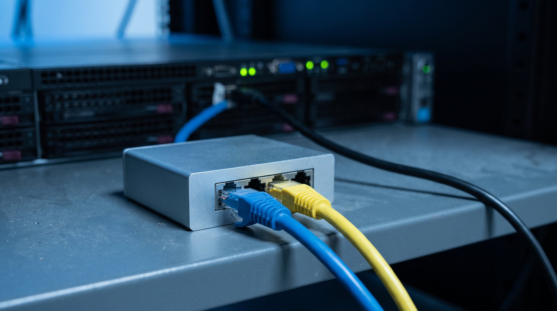 Network tap device inline on Cat6 cables in front of a rack-mounted server