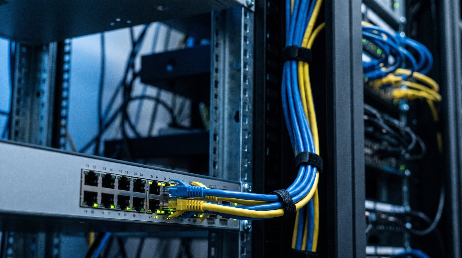 Network switch with Cat6 patch cables in a server rack