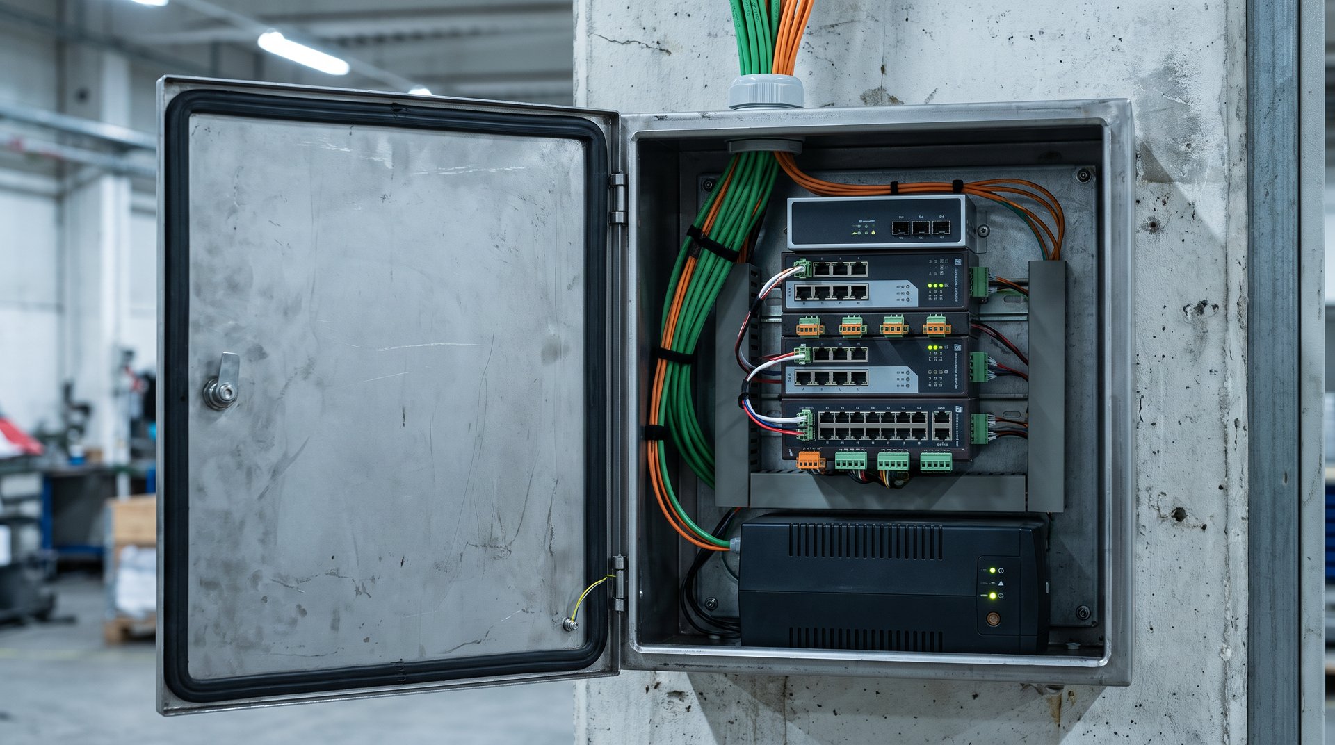 Industrial network cabinet on a factory wall with managed switches, fiber cables, and a UPS