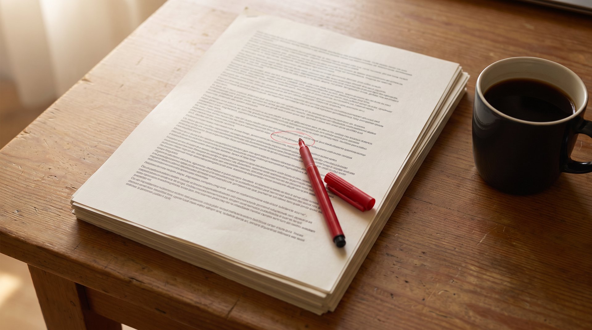 Stack of laser-printed code pages on a wooden desk with a red review pen and coffee mug
