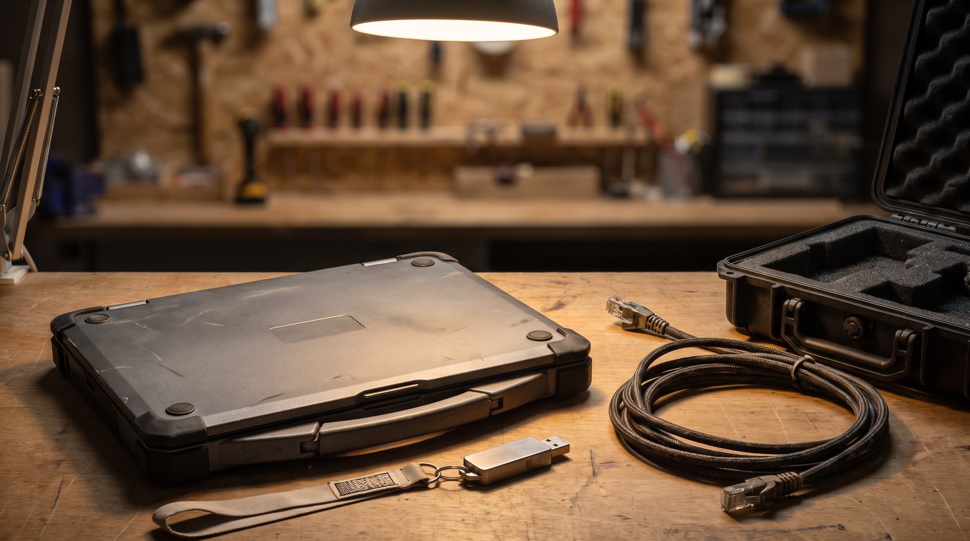 Rugged pentest laptop, coiled Ethernet cable, and hardware USB device on a workbench